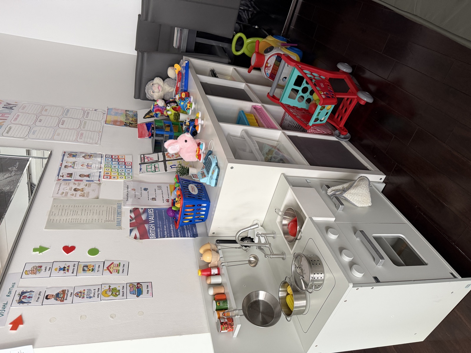 Toddler play area with pretend kitchen resources